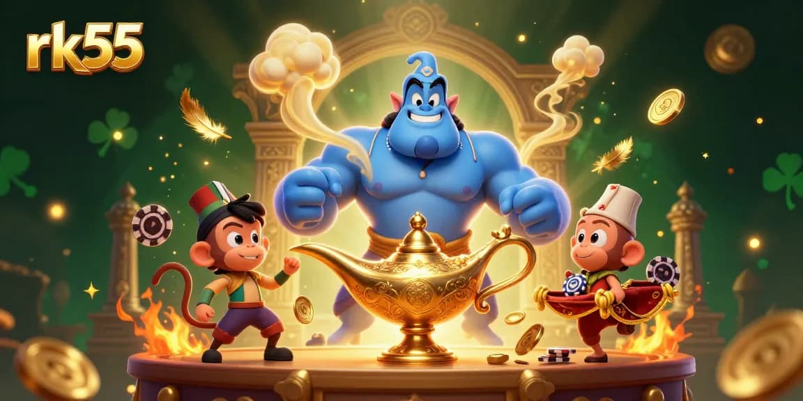 Experience thrilling jackpots at rk55 with a powerful genie, sparkling coins, and adventurous gaming atmosphere.
