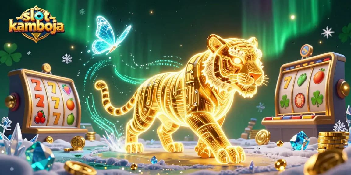 Slot Kamboja menghadirkan tiger neon dan simbol slot di kasino digital yang dinamis.