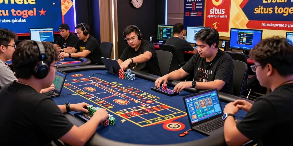 Exciting situs togel gaming scene with diverse players engaging at online betting platforms.