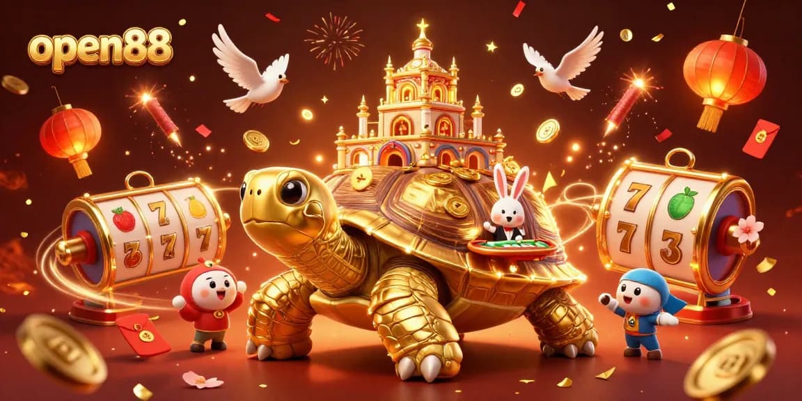 Experience thrilling casino gameplay at open88 with golden tortoise, rabbit dealer, and dynamic slot elements.