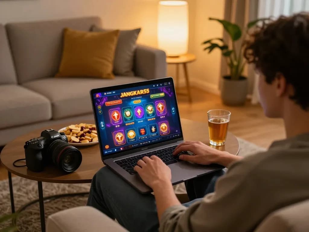 Player enjoying online gaming on JANGKAR55 platform at home, illustrating engaging and strategic gameplay.
