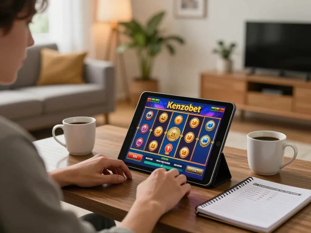 Kenzobet slot gameplay on a tablet in a cozy home setting with betting notes visible