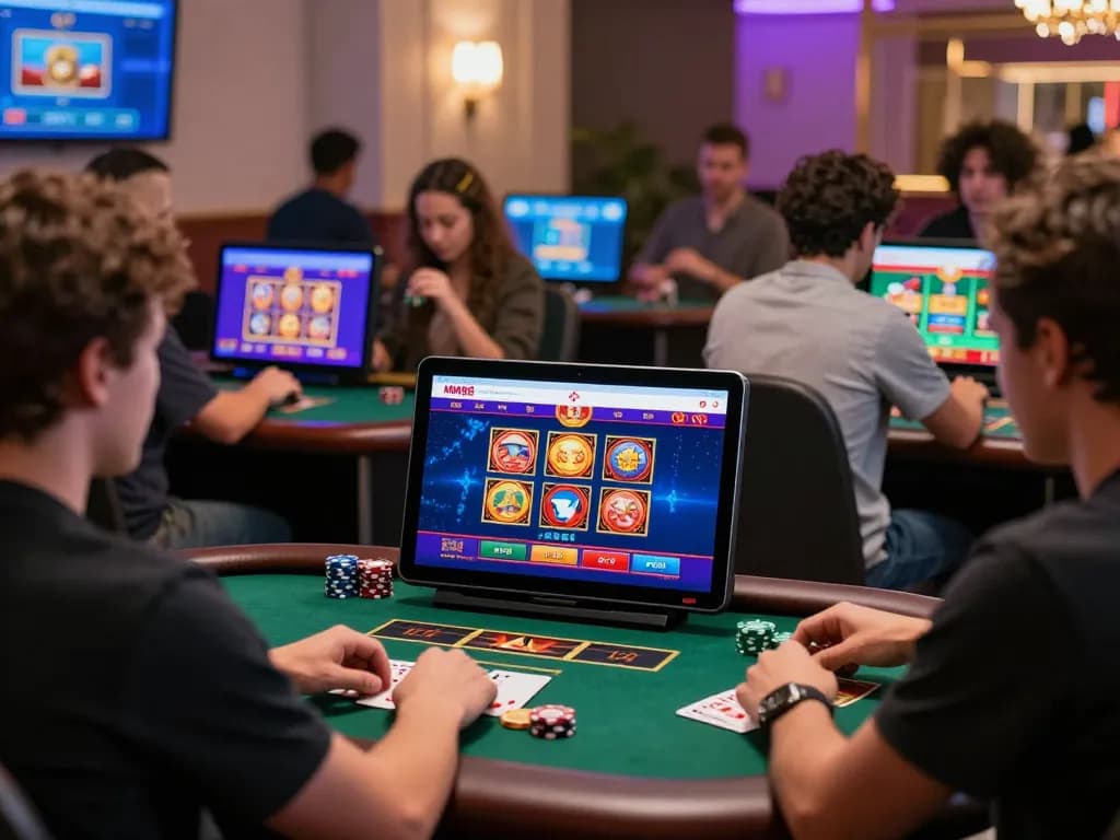 Exciting MM88 online gambling scene with players enjoying vibrant casino games on digital screens.