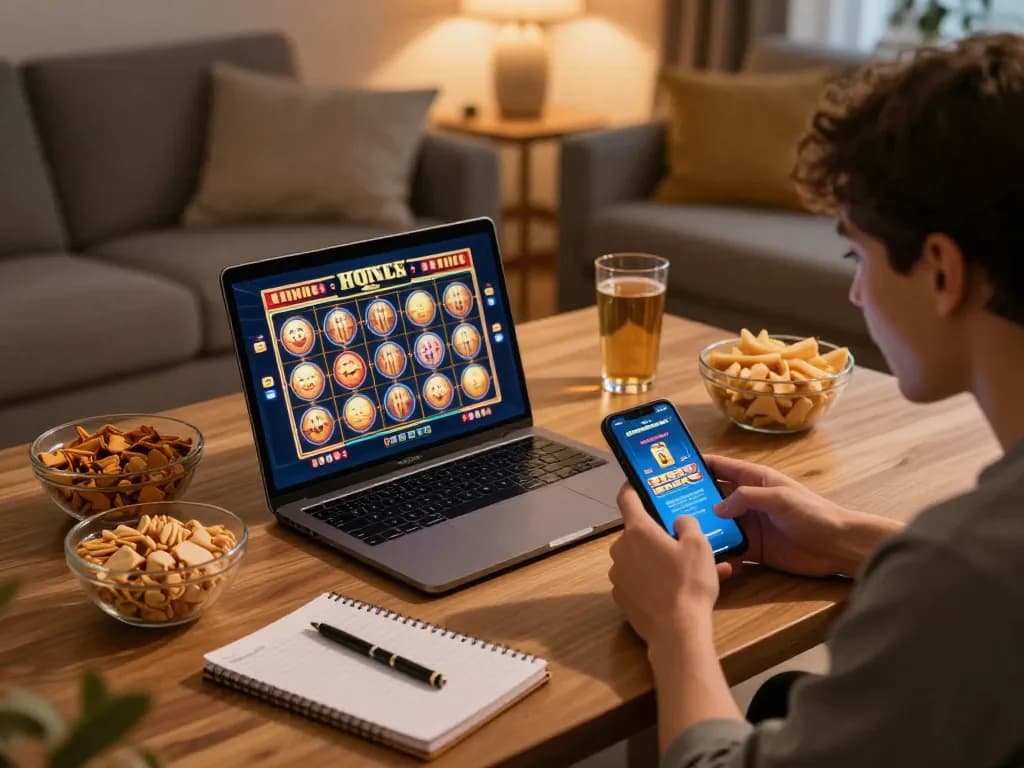 LIGA2000 players enjoying an online slot session, capturing excitement in a cozy setup.