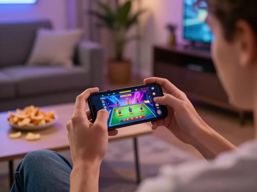Engaging with IDNSCORE on a smartphone while enjoying a cozy home gaming experience.