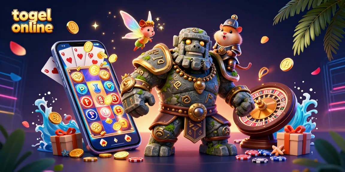 Menangkan togel online dengan karakter golem dan raja hamster, dikelilingi elemen permainan yang mewarnai.