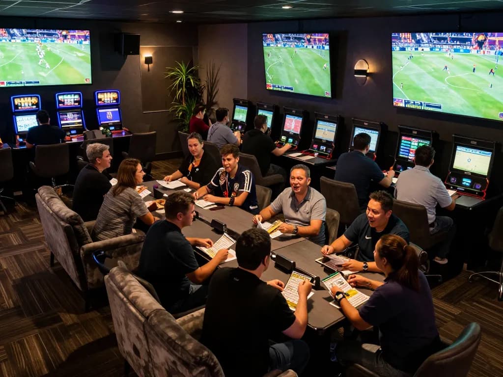 Engaged bettors analyzing odds at 78win sports betting lounge during live game.