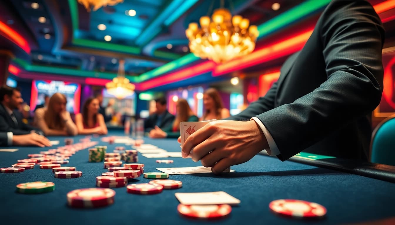 tkp188 bermain di meja blackjack dengan dealer profesional dan lampu kasino yang berkilauan.