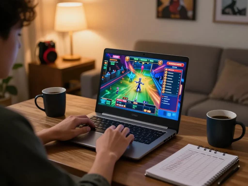 Player engaging with LGODEWA online slot games at home, showcasing a cozy and modern gaming setup.