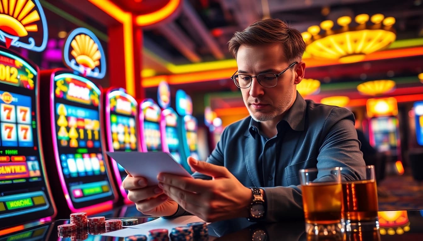 Menganalisis slot gacor sambil bermain di kasino dengan mesin berwarna-warni.