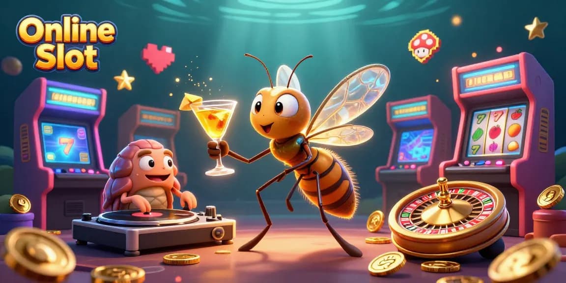 Spin the reels in the vibrant Online Slot scene featuring an amber mosquito mascot, trilobite DJ, and glowing game elements.