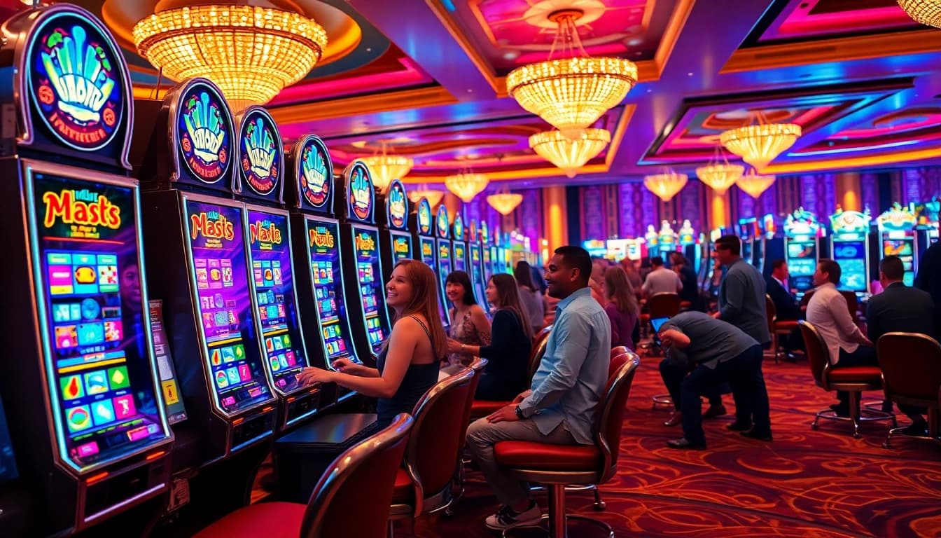 Main focus on slot machines in a lively casino atmosphere, showcasing excitement and engagement.
