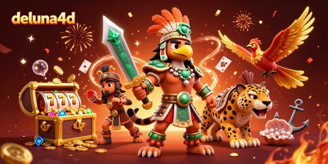 Spin to win at deluna4d, featuring Aztec warriors surrounded by gold coins and slot reels.