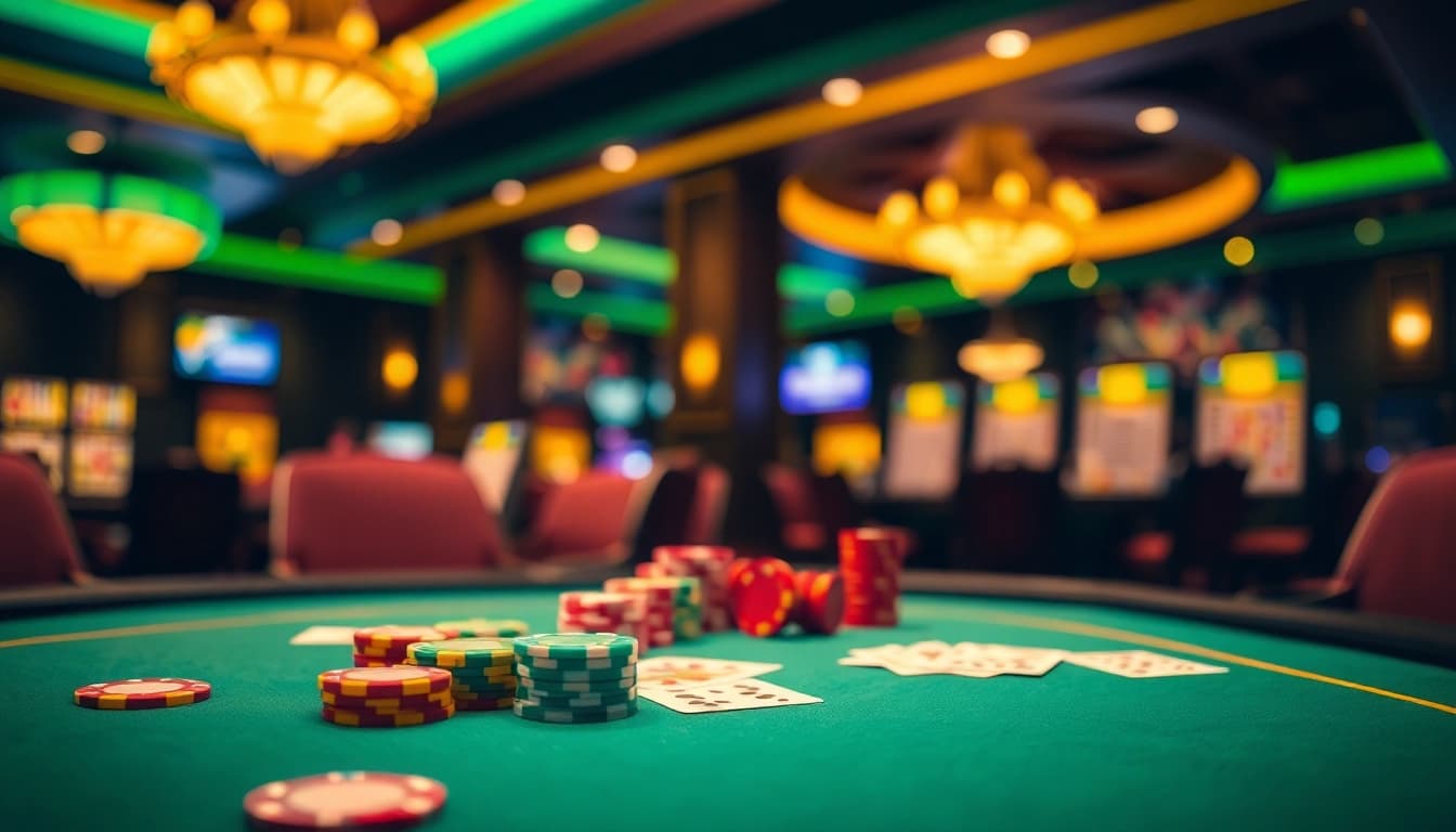 Dentoto menawarkan suasana permainan kasino dengan meja dan chip yang berwarna-warni.