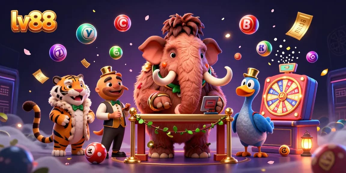 Experience the excitement of lv88's dynamic casino scene with colorful lottery elements and engaging characters.