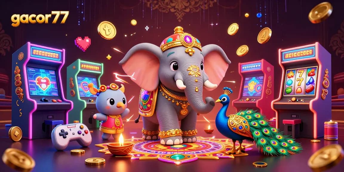 Gacor77 tingkatkan keberuntungan Anda dengan elemen kasino dan slot warna-warni di gambar yang meriah ini.