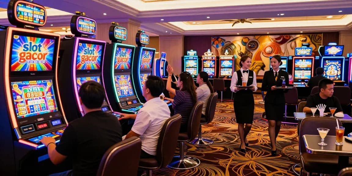 Exciting casino scene featuring slot gacor machines with players celebrating wins and a luxurious atmosphere.