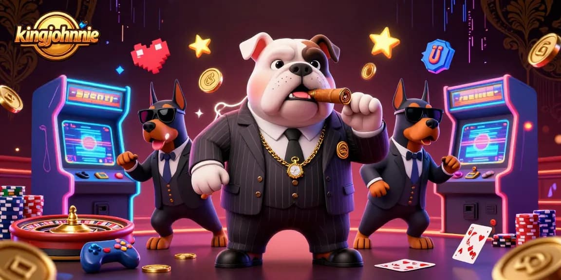 Join the action at kingjohnnie with a mafia bulldog and Doberman bodyguards in this thrilling casino scene.