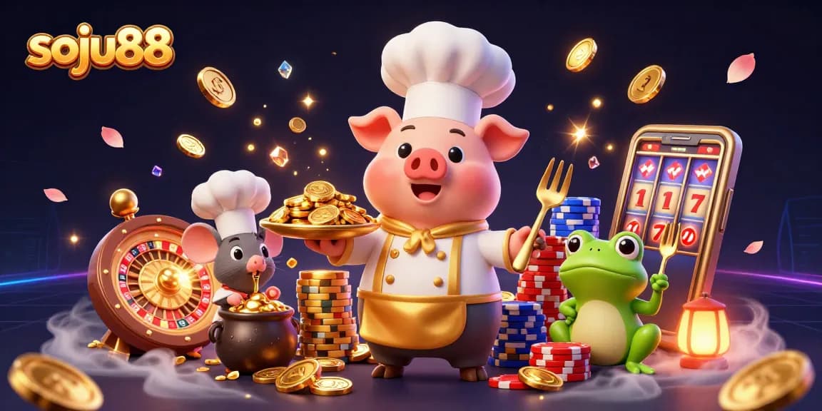 Soju88 casino scene with chef pig serving gold coins, vibrant gaming elements.