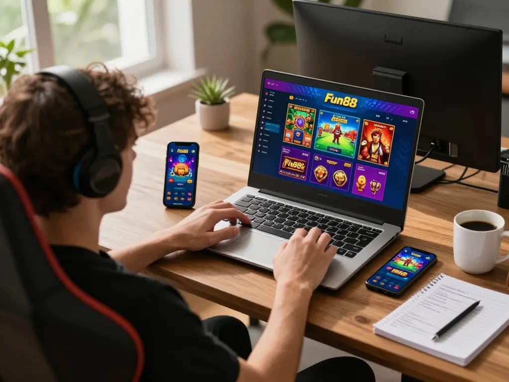 Engage in thrilling gameplay with Fun88's online casino app at home, showcasing vibrant gaming setup.