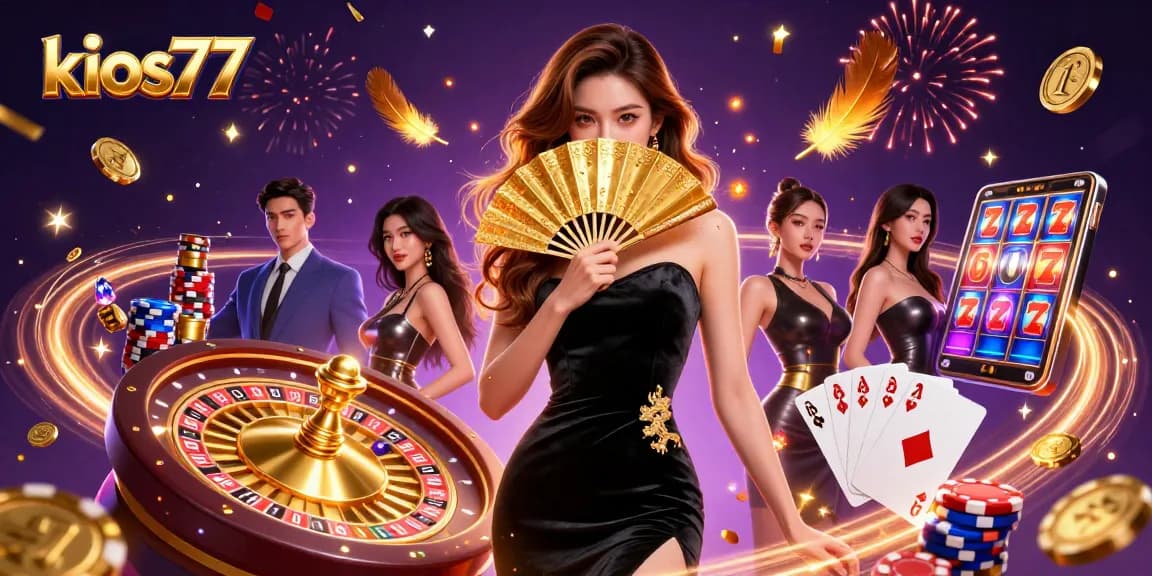 Kios77 offers a captivating casino experience with vibrant gaming scenes and glamorous characters.