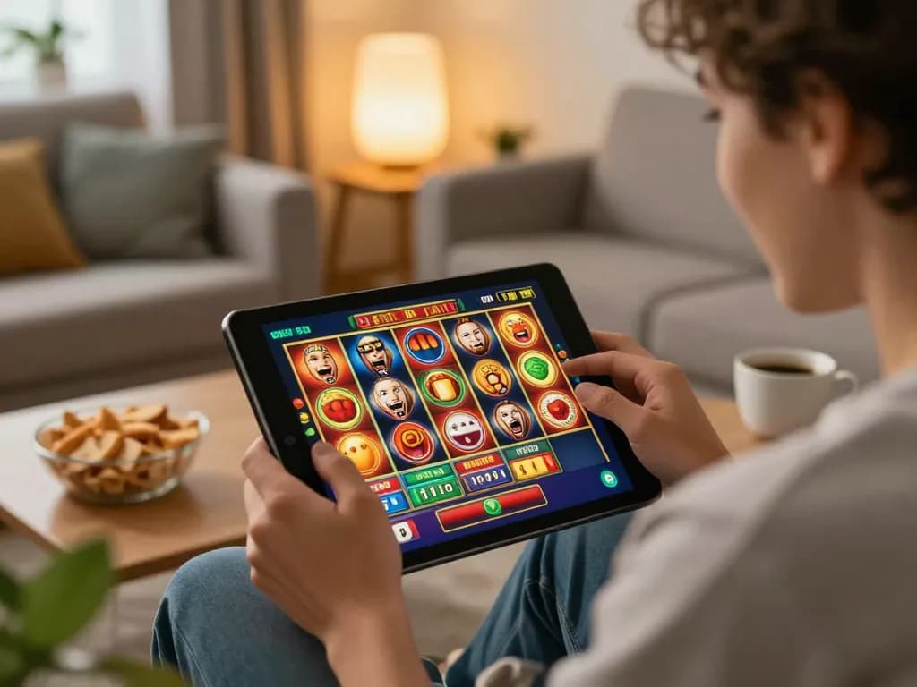 Engaged player using a tablet for online link slot gaming in a cozy living room.