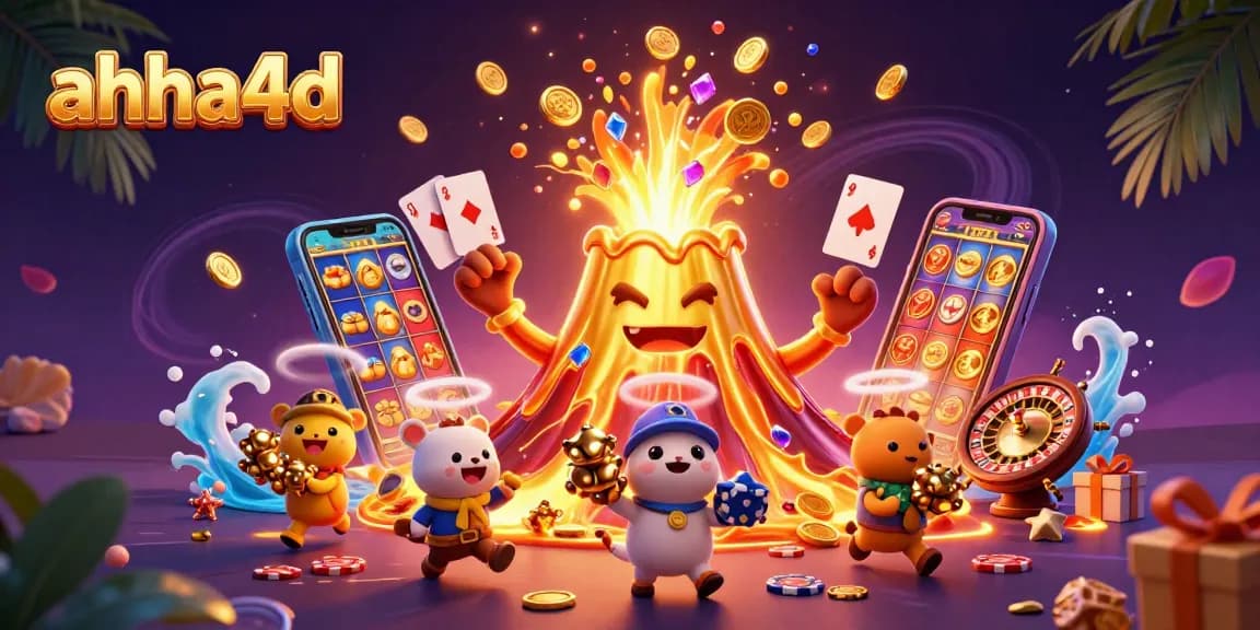 Win big with ahha4d as a golden volcano erupts treasure in a vibrant casino scene.