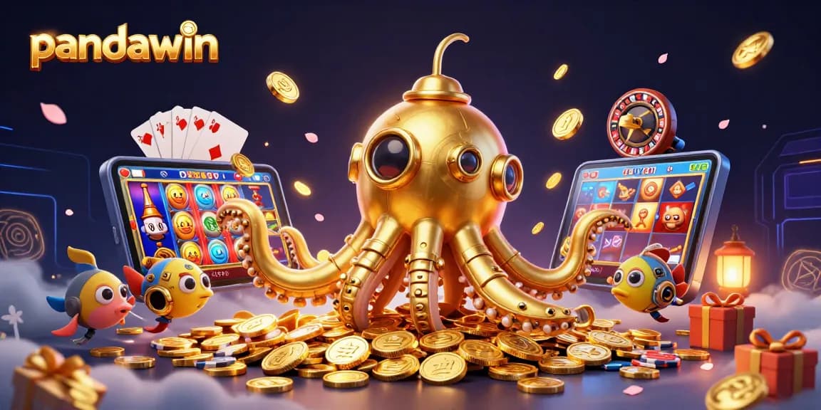 Join the excitement at pandawin with a vibrant 3D illustration of a kraken and casino games.