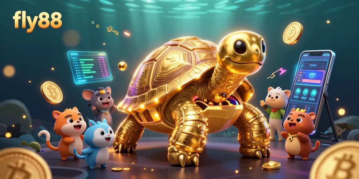 Engage in the vibrant world of fly88, spotlighting a colossal golden tortoise game with crypto elements.