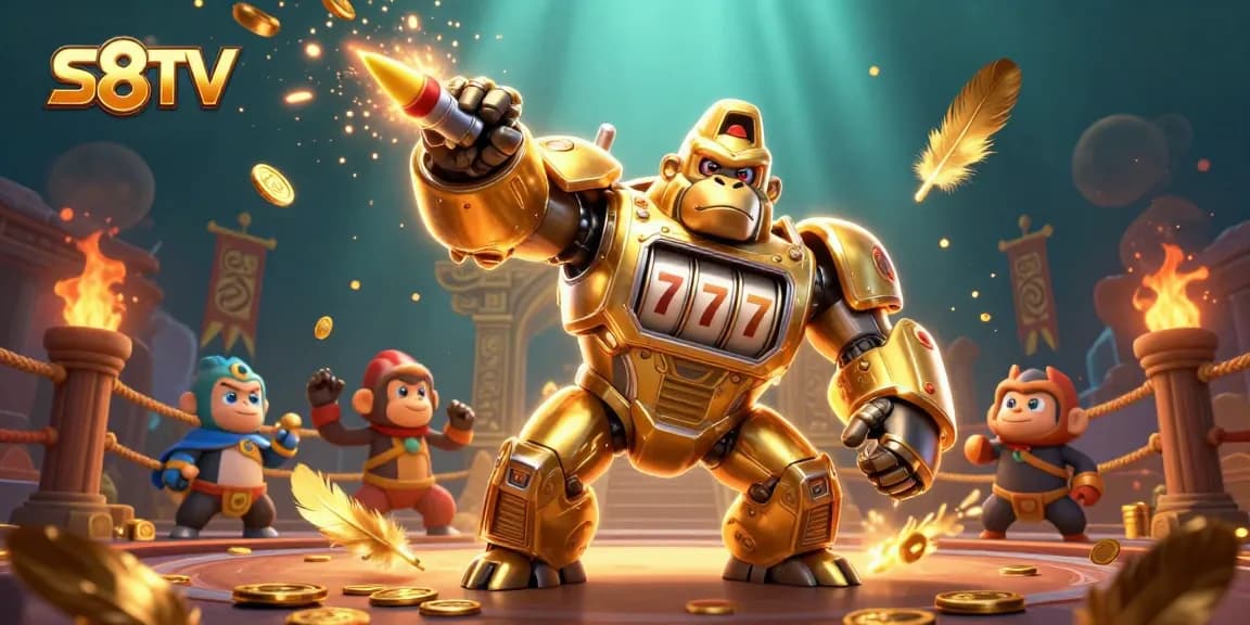 S8TV offers thrilling action with a golden gorilla mech and dynamic coins in a vibrant gambling scene.