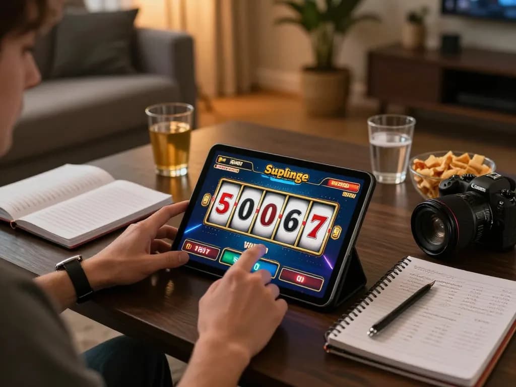 Player enjoying slots on tablet at home while tracking strategies on boosterjp