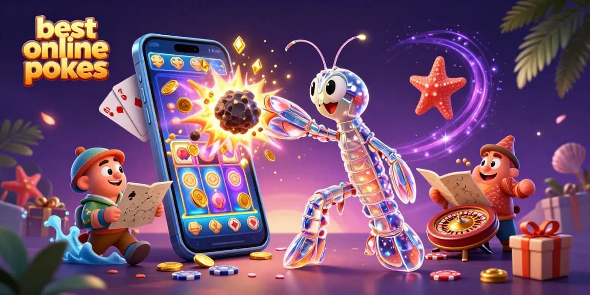 Experience the best online pokies with a galactic mantis shrimp amidst gold coins and vibrant slot games.