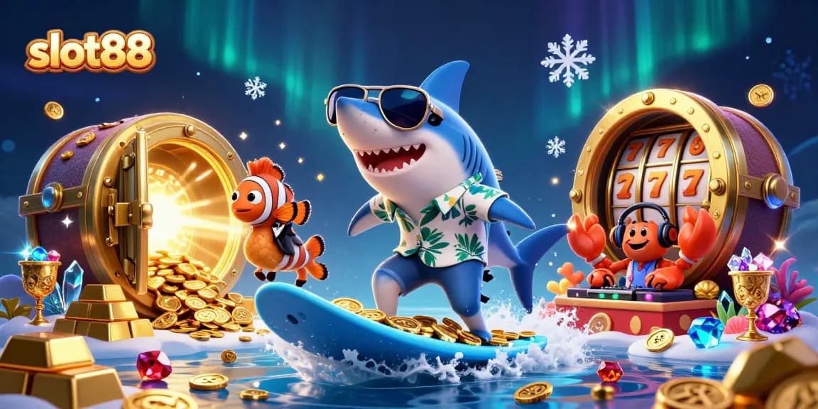 Experience slot88 excitement with a 3D hammer-head shark surfing on gold coins, symbolizing thrilling jackpots.