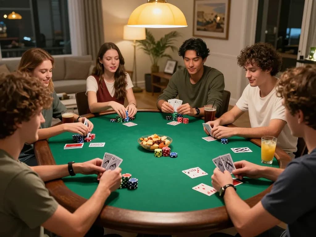 Friends engaged in home poker night showcasing strategic gameplay with excitement at kerajaanslot