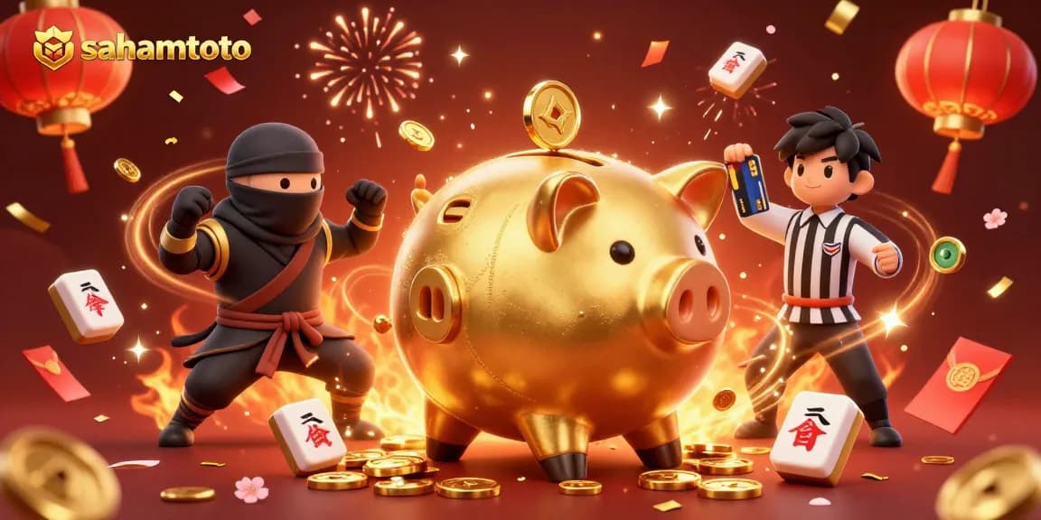 Gambarkan sukacita kemenangan sahamtoto saat piggy bank emas berdansa dengan koin bintang berkilau.