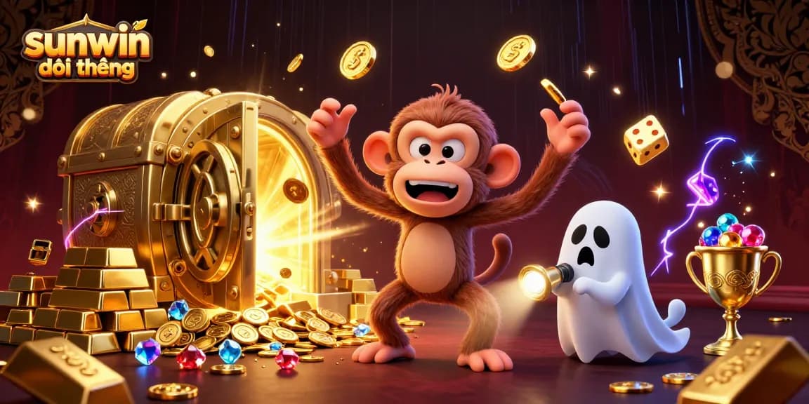 Engage with sunwin đổi thưởng at a haunted casino featuring a playful ghost with golden treasures.