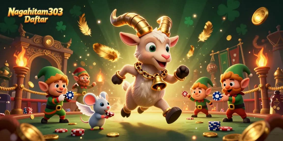 Nagahitam303 Daftar showcases a festive casino scene with a Krampus goat, angel mouse, and mischievous elves in action.