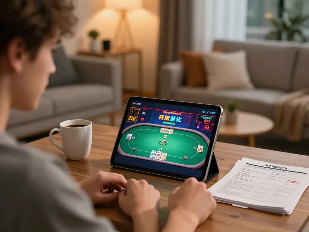Play online poker with qqslotjepe on tablet, engaged in strategic gameplay at home.