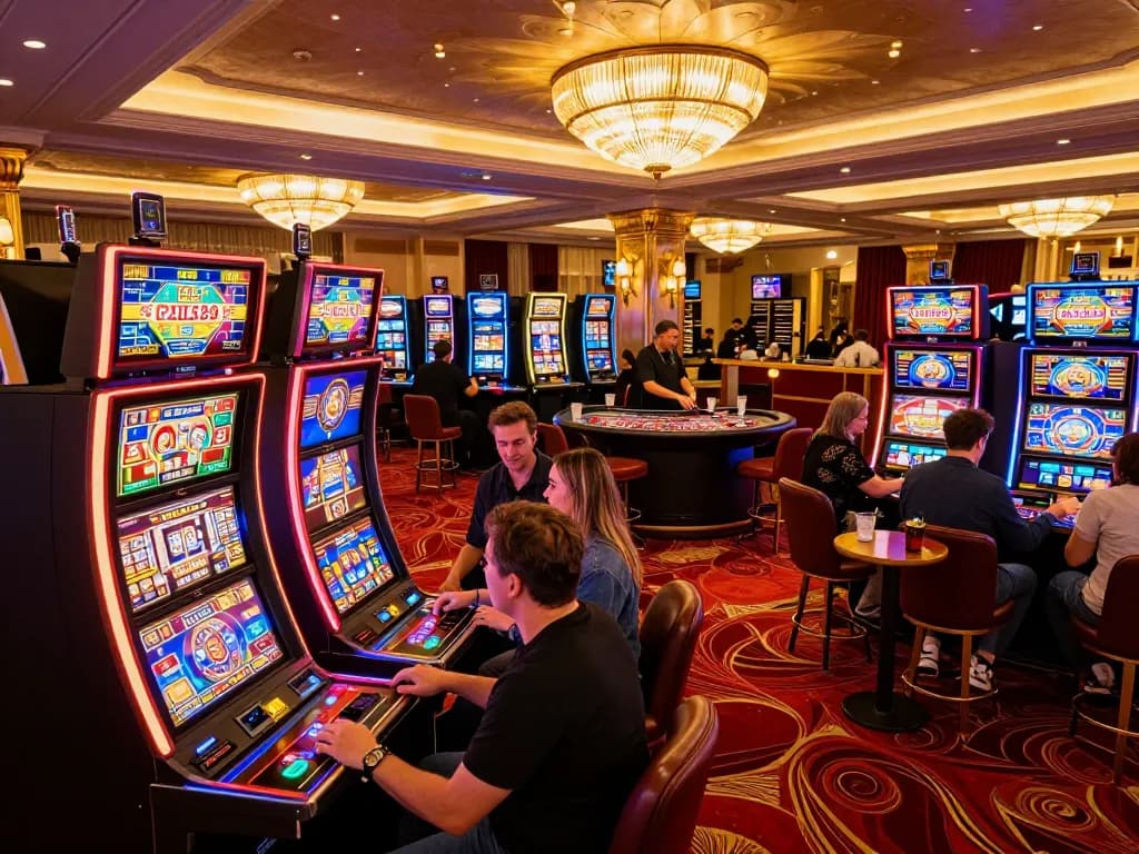 Experience thrilling gameplay at Paris888 with vibrant slot machines and engaged players in a luxurious casino atmosphere.