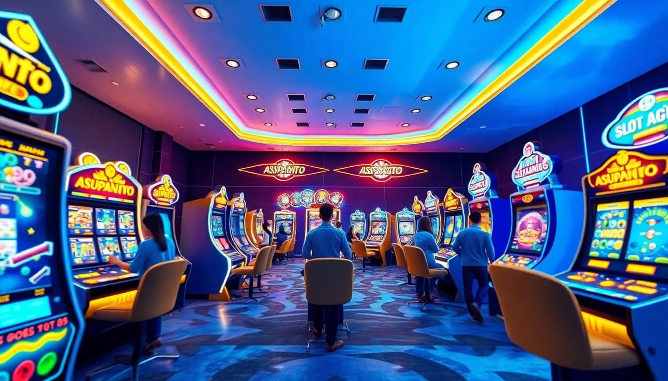 ASUPANTOTO online gaming experience showcasing vibrant slot machines and interactive interfaces in a modern setting.