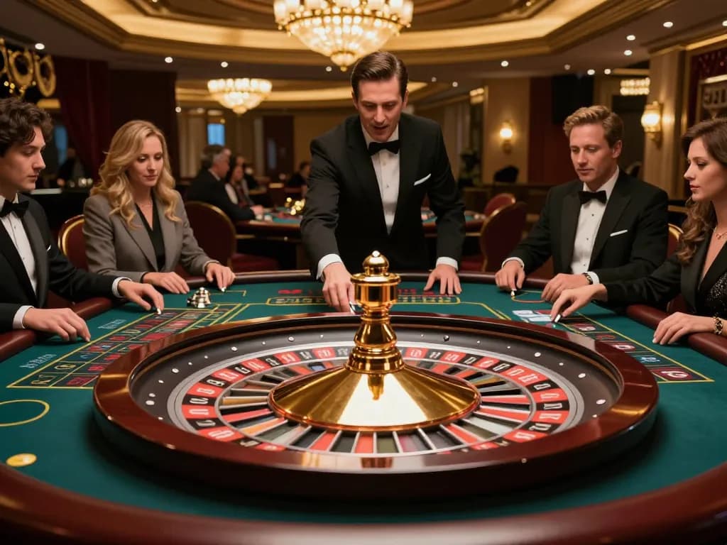 Players placing bets at the SATRIA123 live dealer roulette, experiencing high-stakes excitement in a luxurious casino.