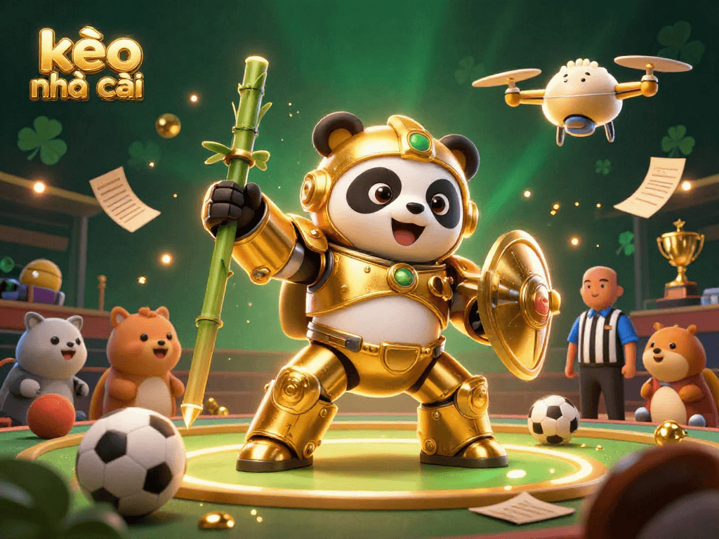 Kèo nhà cái features a golden panda robot in a vibrant sports betting arena, engaging bettors with thrilling action.
