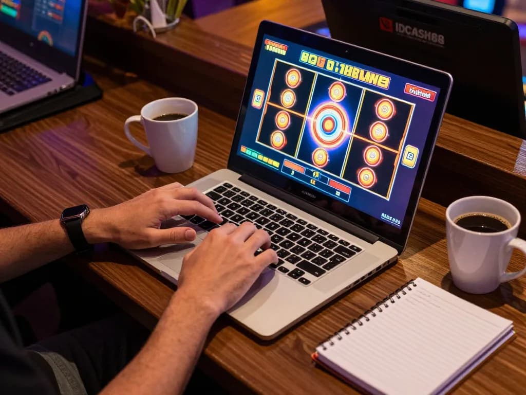 Players engaging in thrilling slot games through IDCASH88 on a laptop, showcasing an exciting online gaming experience.