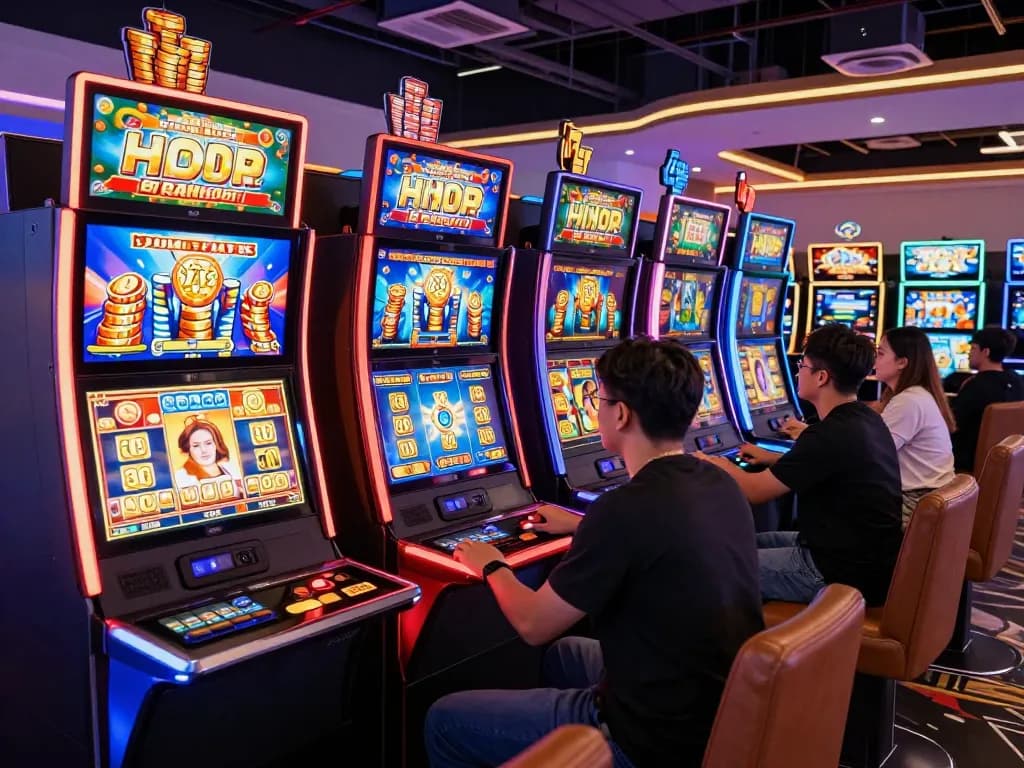 Thrilling gaming scene at BIUSTOTO online slot site with players enjoying vibrant slot machines and colorful displays.