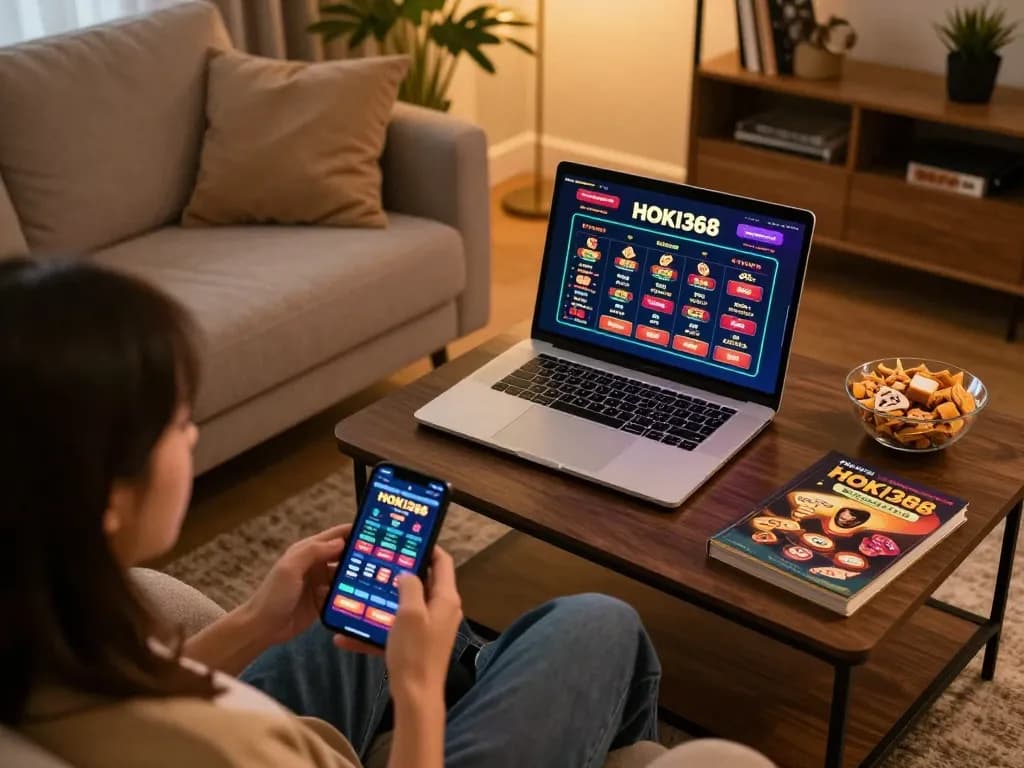 Desain permainan online yang menarik menampilkan antarmuka kasino HOKI368 dengan pencahayaan ambient hangat dan dekor yang nyaman.