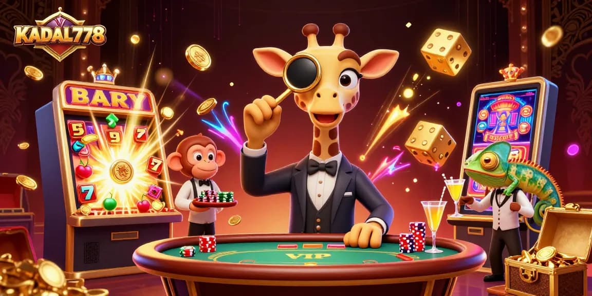 KADAL778 showcases a vibrant 3D casino scene with a high-roller giraffe and a monkey valet amidst jackpot excitement.