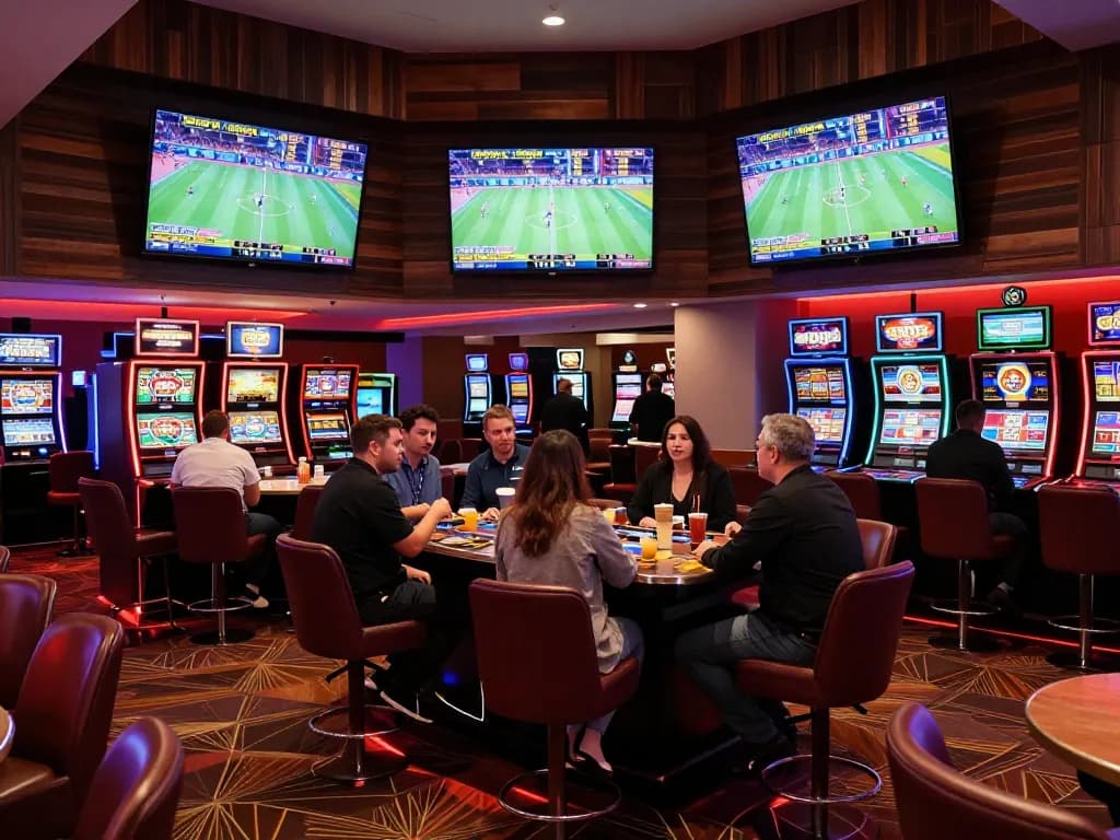 VA88 sports betting lounge with bettors analyzing odds and enjoying live games.