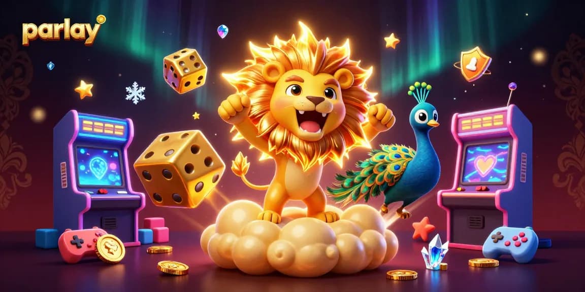 Menangkan parlay di kasino dengan kartun singa dan dadu emas yang bergulir di ruang penuh permainan.