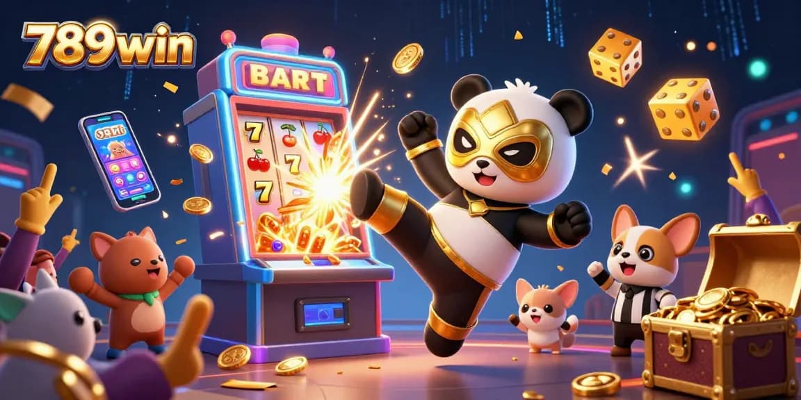 Experience the excitement of 789win with a dynamic scene featuring a panda wrestler and a chihuahua referee.