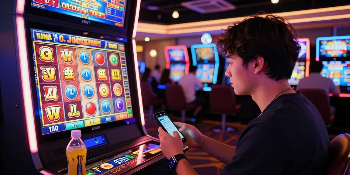 Engaged player spinning a slot gacor machine in a vibrant online casino setting.
